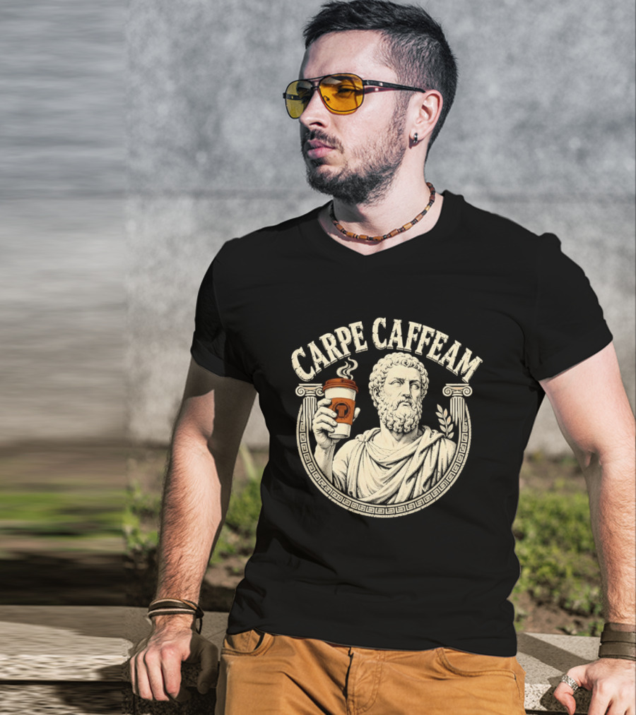 Carpe Caffeam Ancient Philosopher Coffee Cup Greek Column Statue T-Shirt