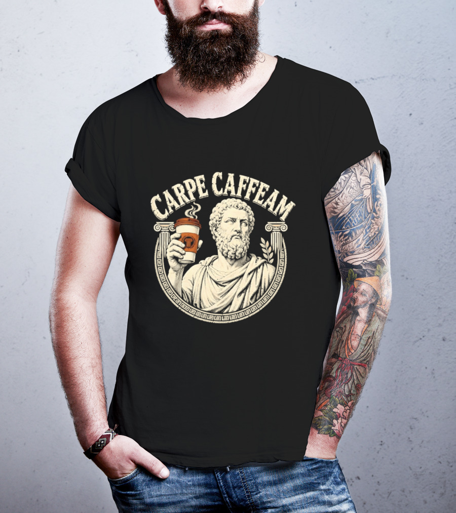 Carpe Caffeam Ancient Philosopher Coffee Cup Greek Column Statue T-Shirt