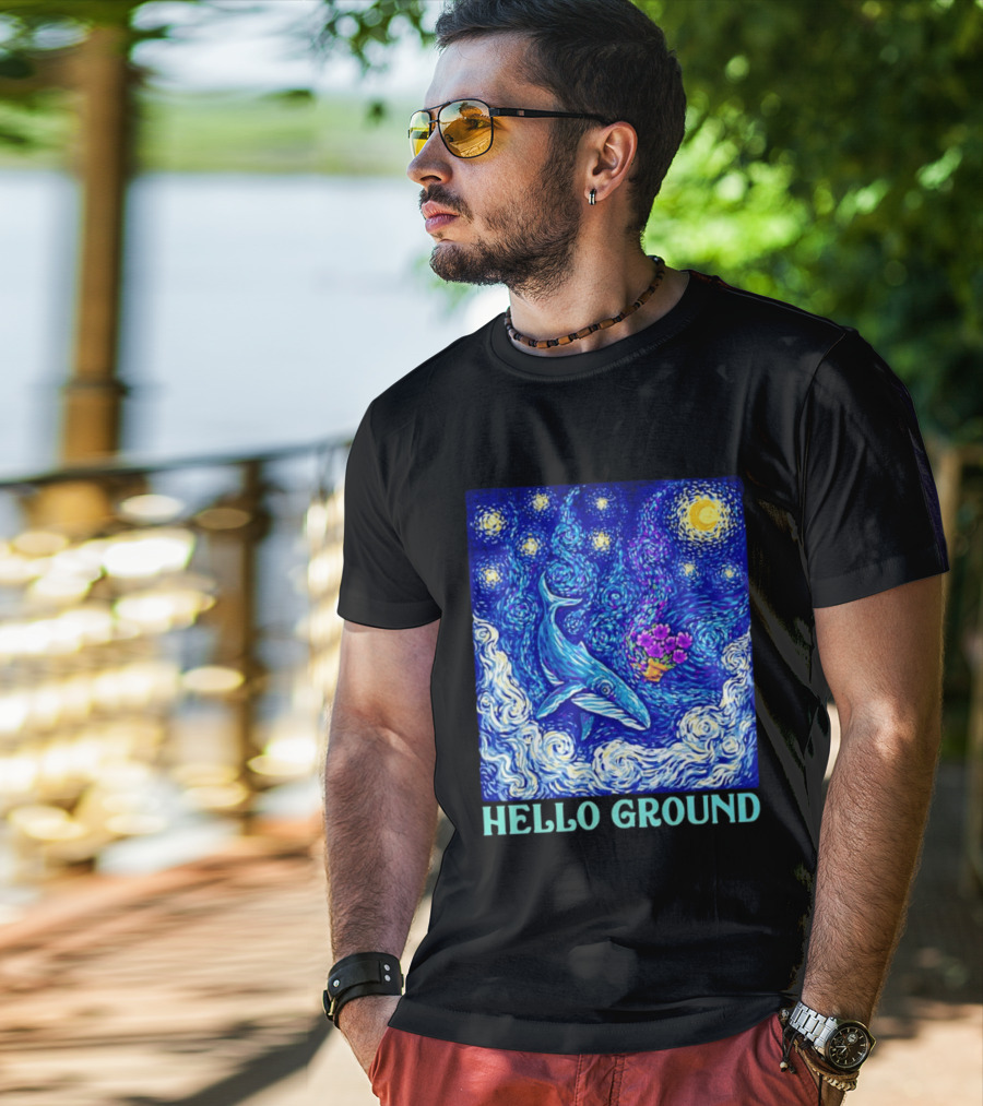 Hello Ground Whale Floating In Starry Night Van Gogh T-Shirt