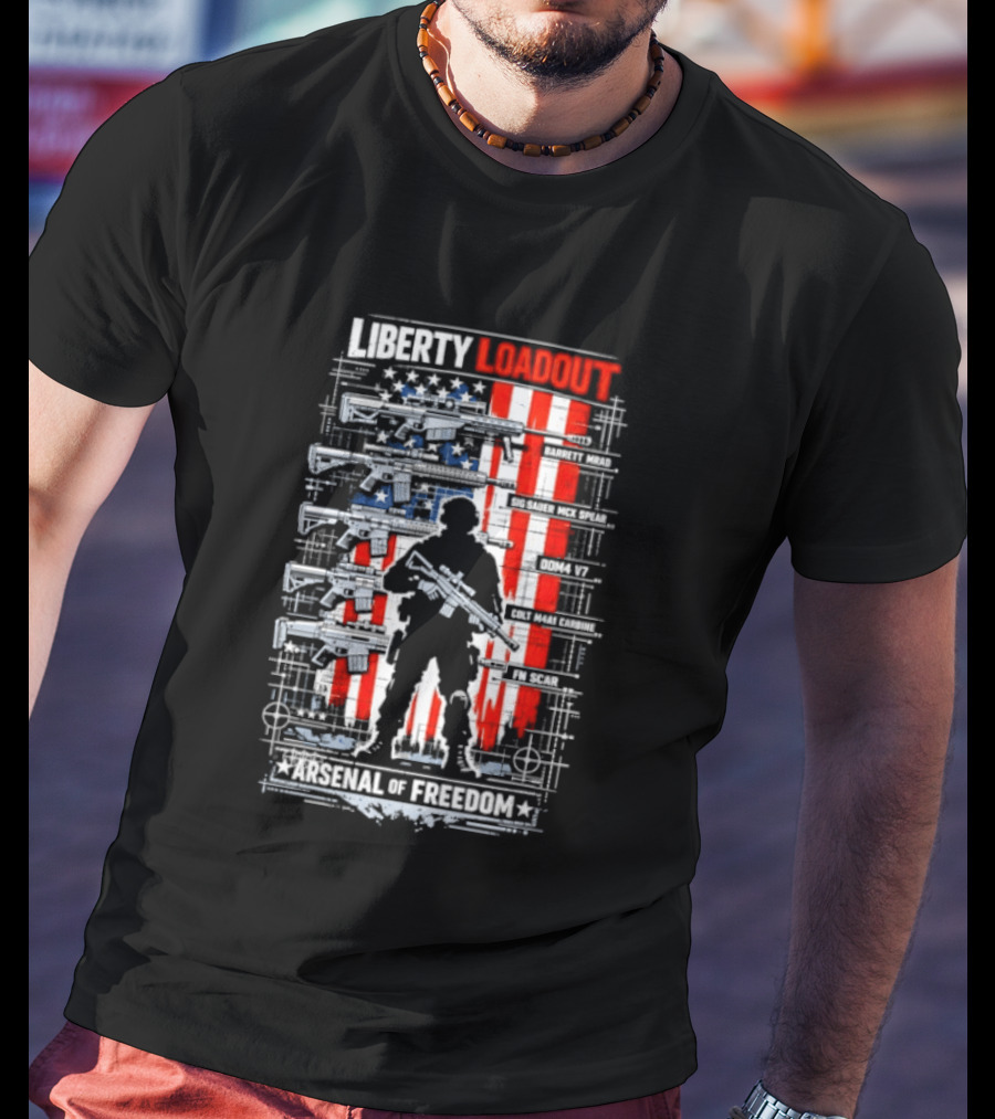 Liberty Loadout Arsenal Of Freedom USA Flag Soldier T-Shirt