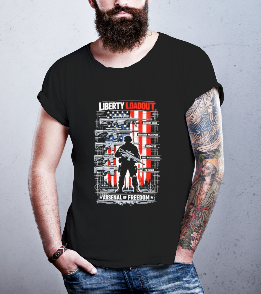 Liberty Loadout Arsenal Of Freedom USA Flag Soldier T-Shirt