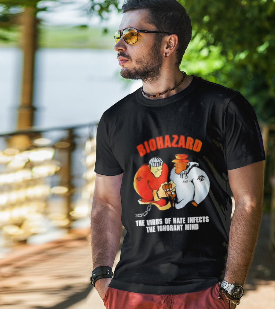 Biohazard The Virus Of Hate Infects The Ignorant Mind Orange And White Figures Confrontation T-Shirt