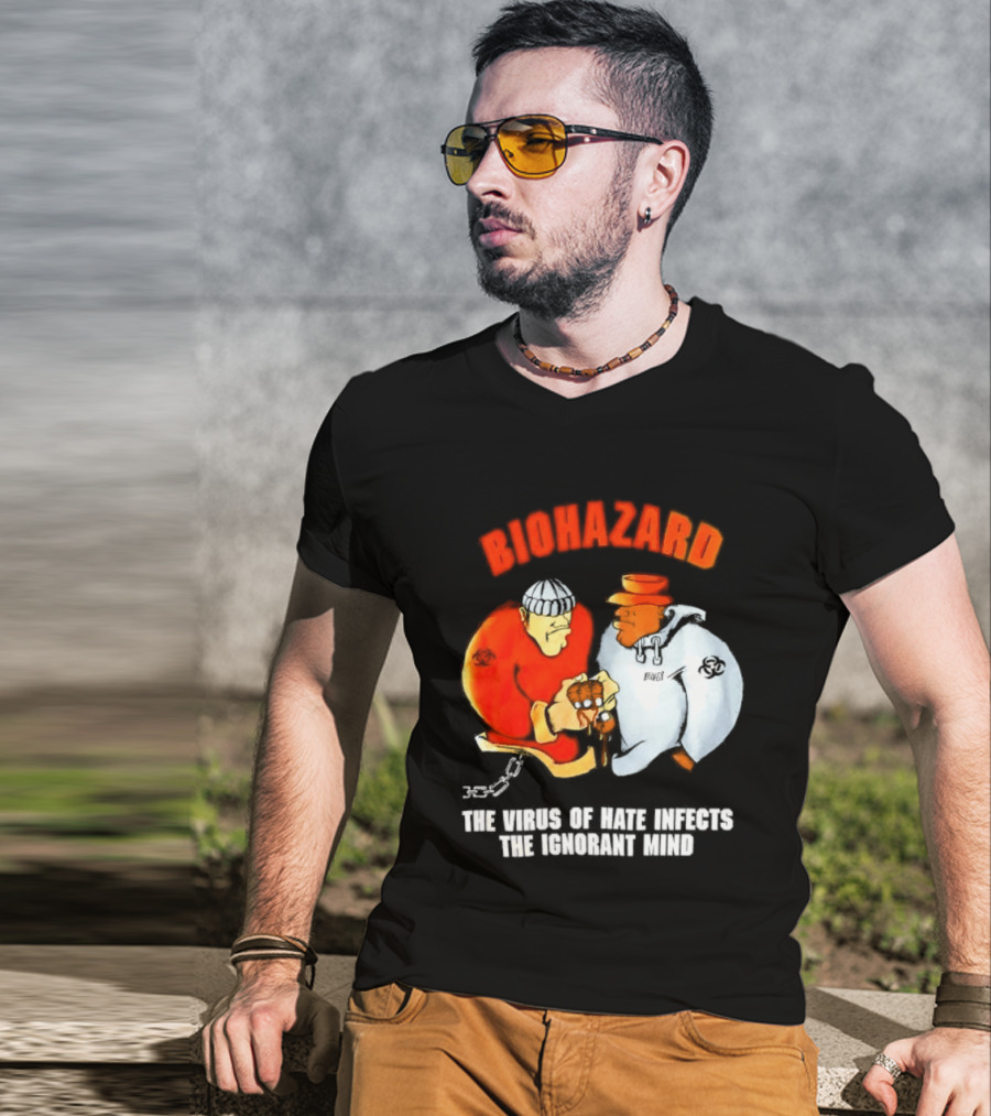Biohazard The Virus Of Hate Infects The Ignorant Mind Orange And White Figures Confrontation T-Shirt