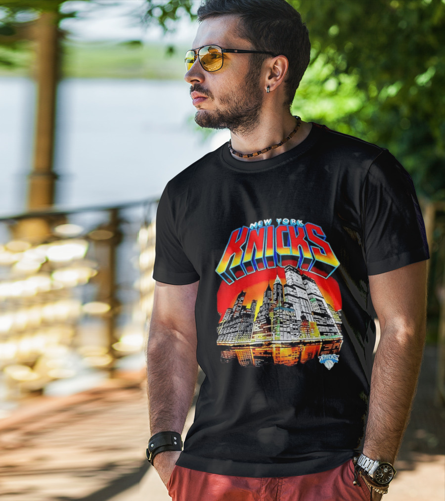 New York Knicks Vibrant City Skyline Sunset Basketball T-Shirt