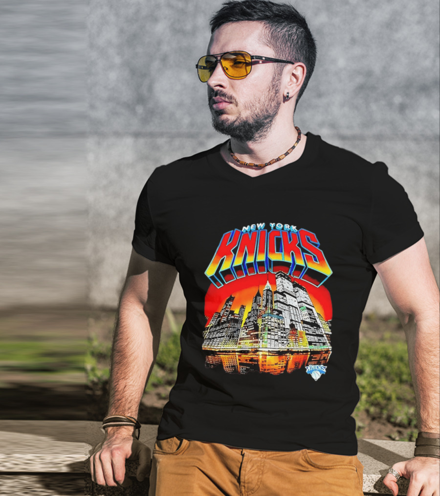 New York Knicks Vibrant City Skyline Sunset Basketball T-Shirt