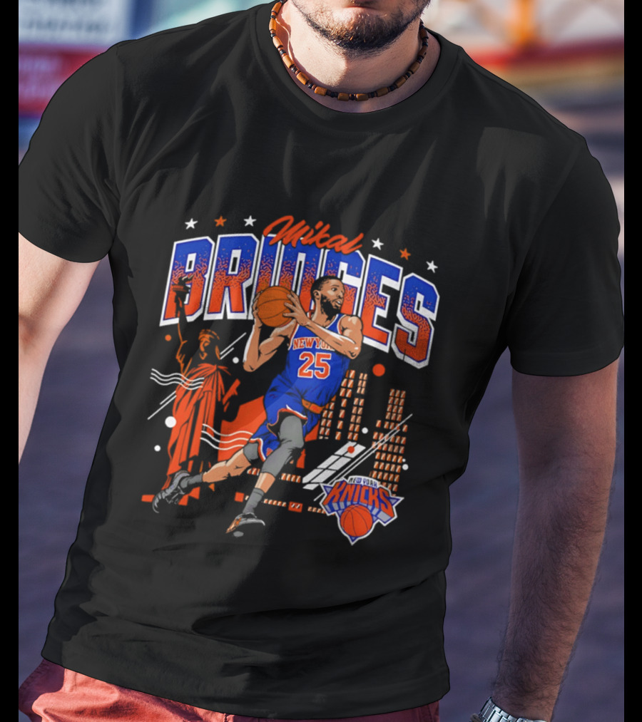 New York Knicks Mikal Bridges Basketball Player 25 Statue Of Liberty Skyline T-Shirt