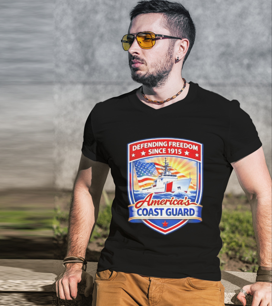 Defending Freedom Since 1915 America's Coast Guard US Flag Ship T-Shirt