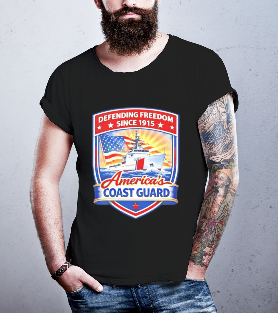 Defending Freedom Since 1915 America's Coast Guard US Flag Ship T-Shirt