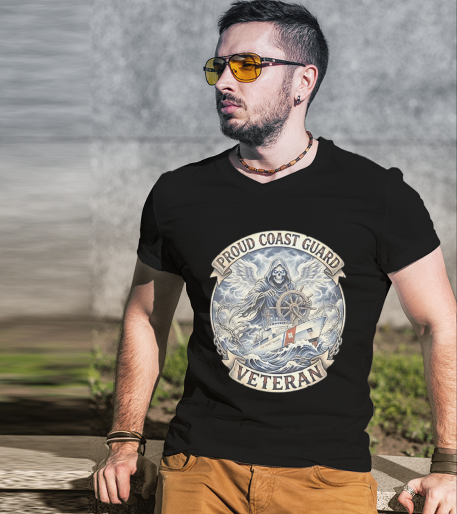 Proud Coast Guard Veteran Grim Reaper With Ship And Wheel T-Shirt
