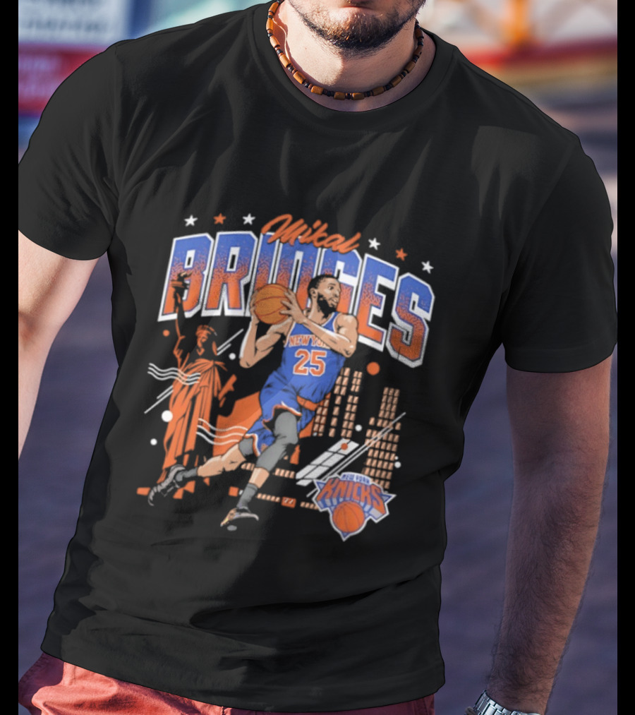 Mikal Bridges New York Knicks Basketball Skyline Statue Of Liberty T-Shirt