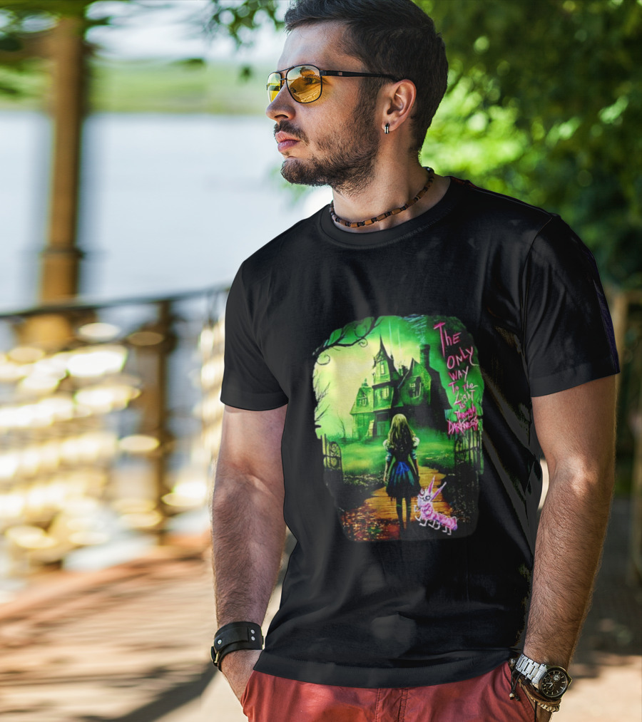 The Only Way To The Light Is Through Darkness Alice In Wonderland Horror Dark Gothic Mansion Path Rabbit T-Shirt