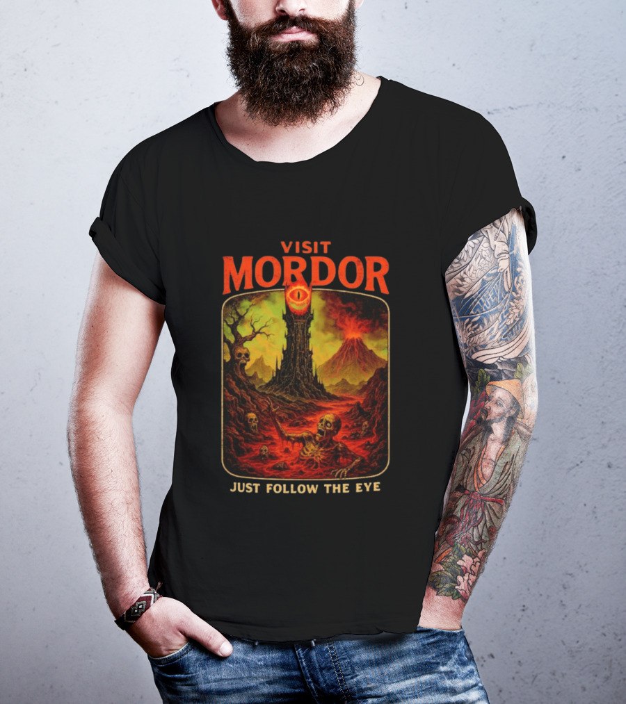 Visit Mordor Just Follow The Eye Tower And Volcano Adventure T-Shirt