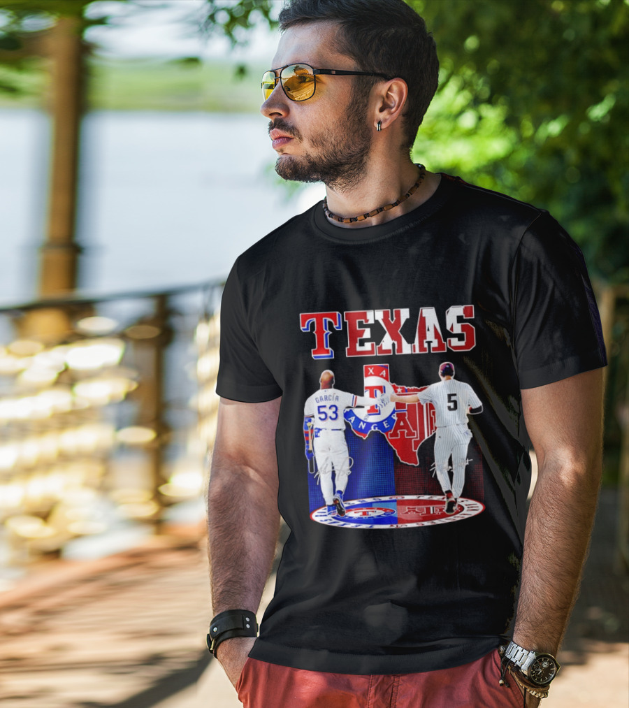 Texas Rangers Adolis Garcia And Texas A&M Aggies Hunter Schott Split Map T-Shirt