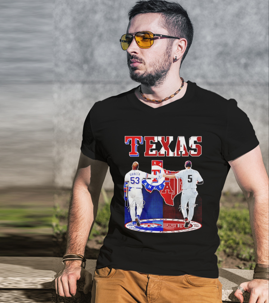 Texas Rangers Adolis Garcia And Texas A&M Aggies Hunter Schott Split Map T-Shirt