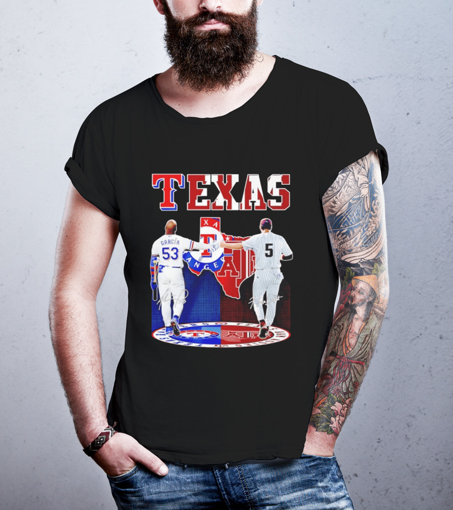 Texas Rangers Adolis Garcia And Texas A&M Aggies Hunter Schott Split Map T-Shirt