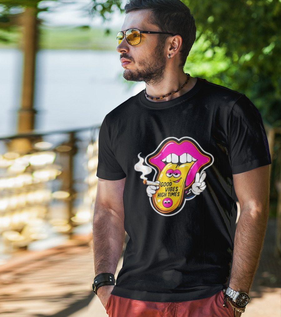 Good Vibes High Times Smoking Tongue And Peace Sign T-Shirt
