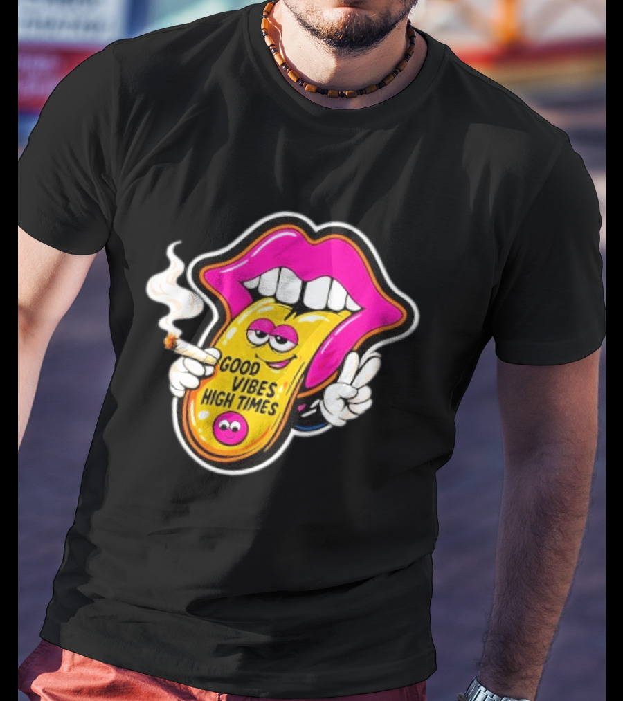 Good Vibes High Times Smoking Tongue And Peace Sign T-Shirt
