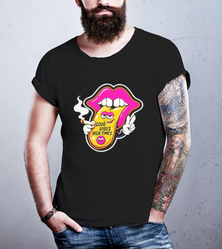 Good Vibes High Times Smoking Tongue And Peace Sign T-Shirt