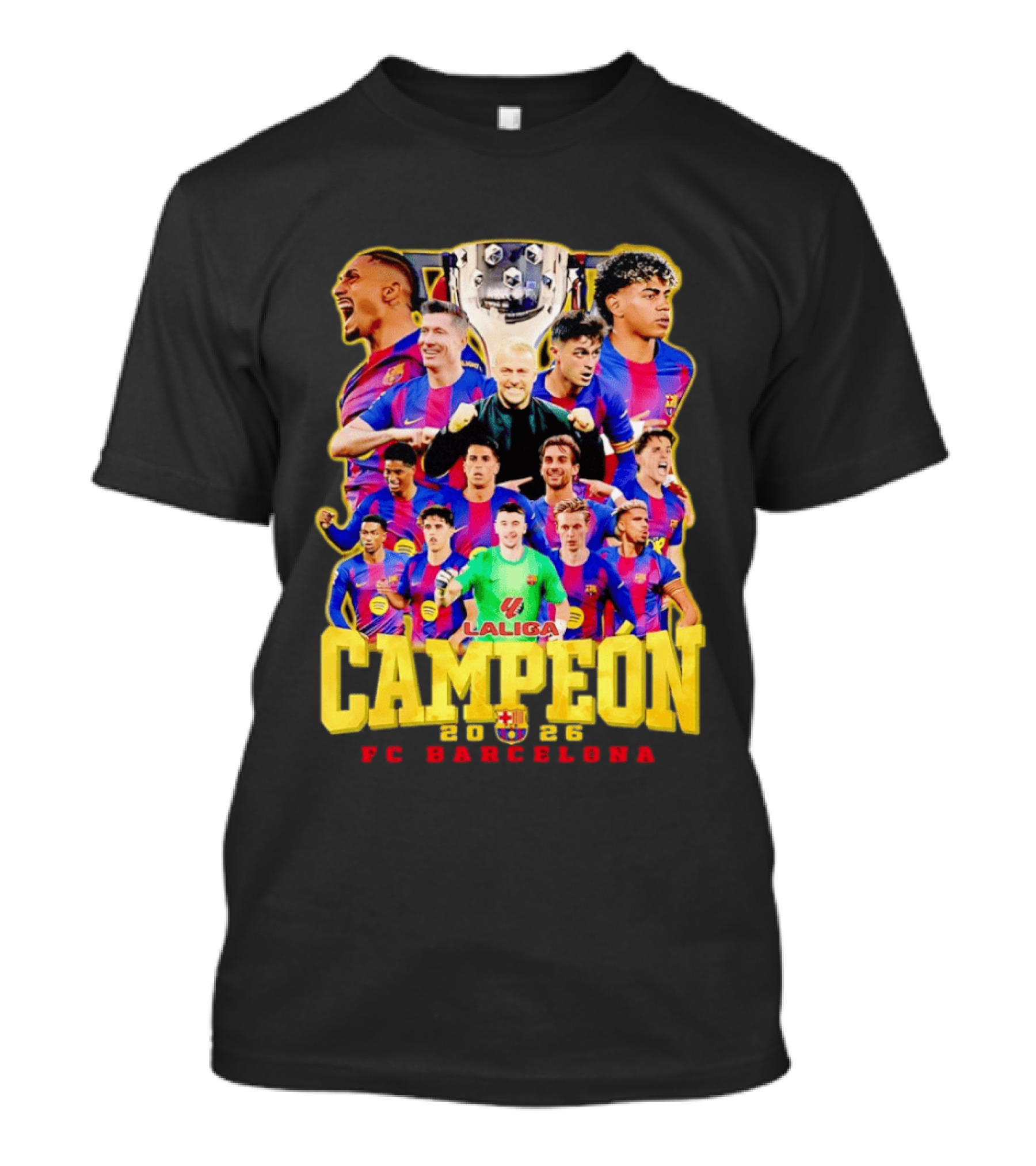 Hansi Flick Robert Lewandowski Lamine Yamal Pedri Raphinha FC Barcelona LaLiga Campeón 2026 T-Shirt