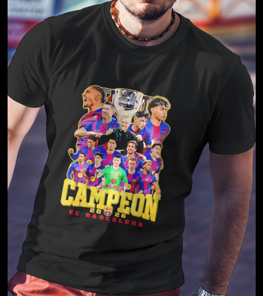 Hansi Flick Robert Lewandowski Lamine Yamal Pedri Raphinha FC Barcelona LaLiga Campeón 2026 T-Shirt