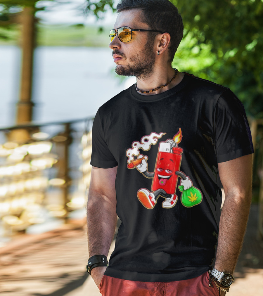 Flame Lighter And Smoking Joint With Cannabis Bag Cartoon T-Shirt