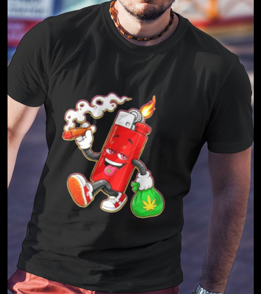 Flame Lighter And Smoking Joint With Cannabis Bag Cartoon T-Shirt