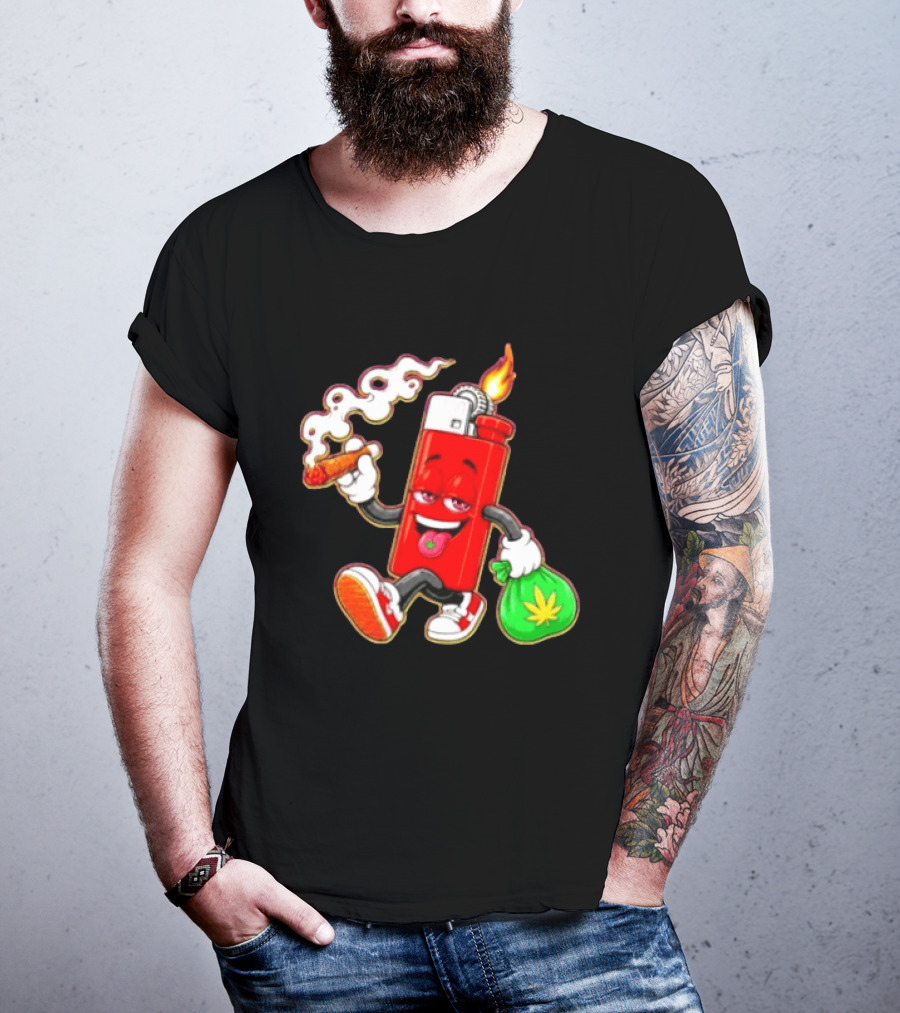 Flame Lighter And Smoking Joint With Cannabis Bag Cartoon T-Shirt