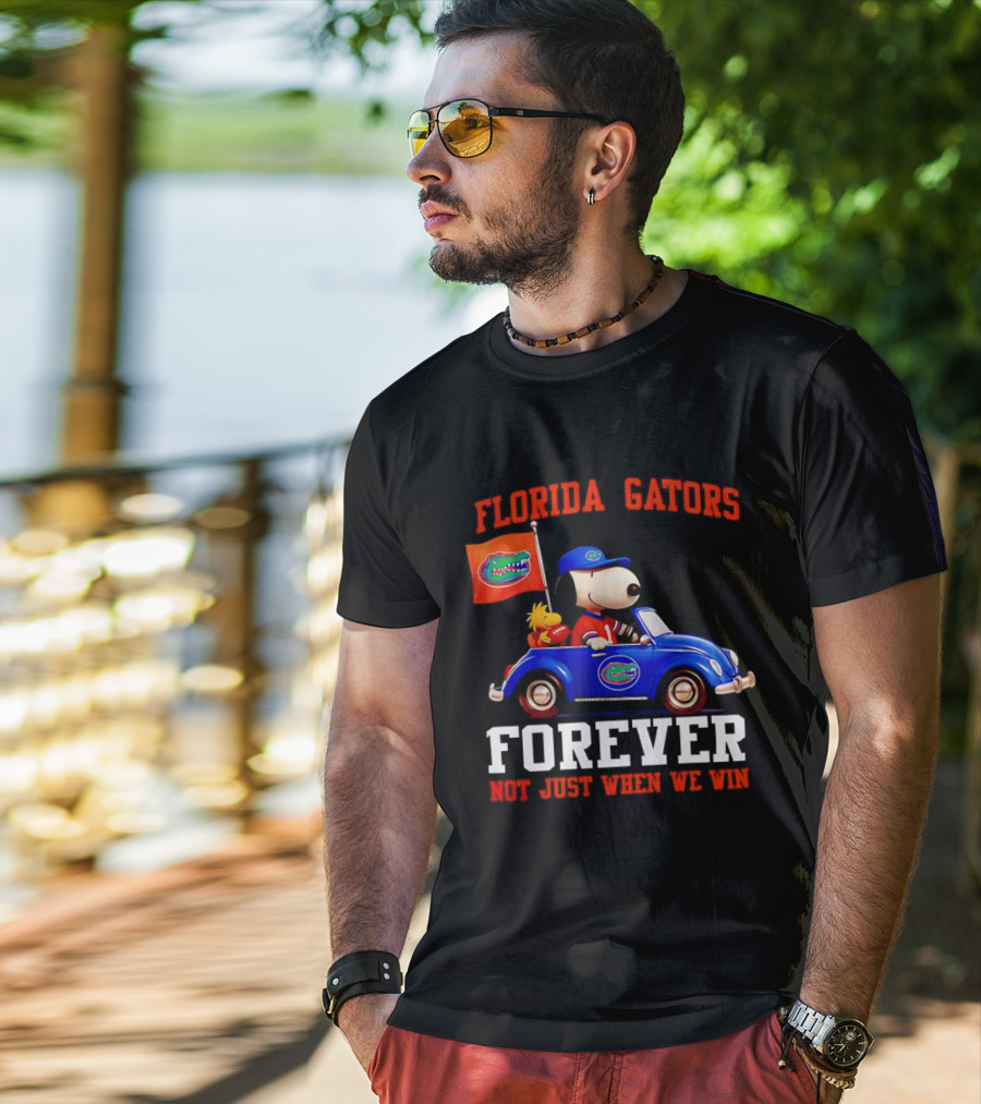 Peanuts Snoopy Woodstock In Blue Car Florida Gators Forever Not Just When We Win T-Shirt