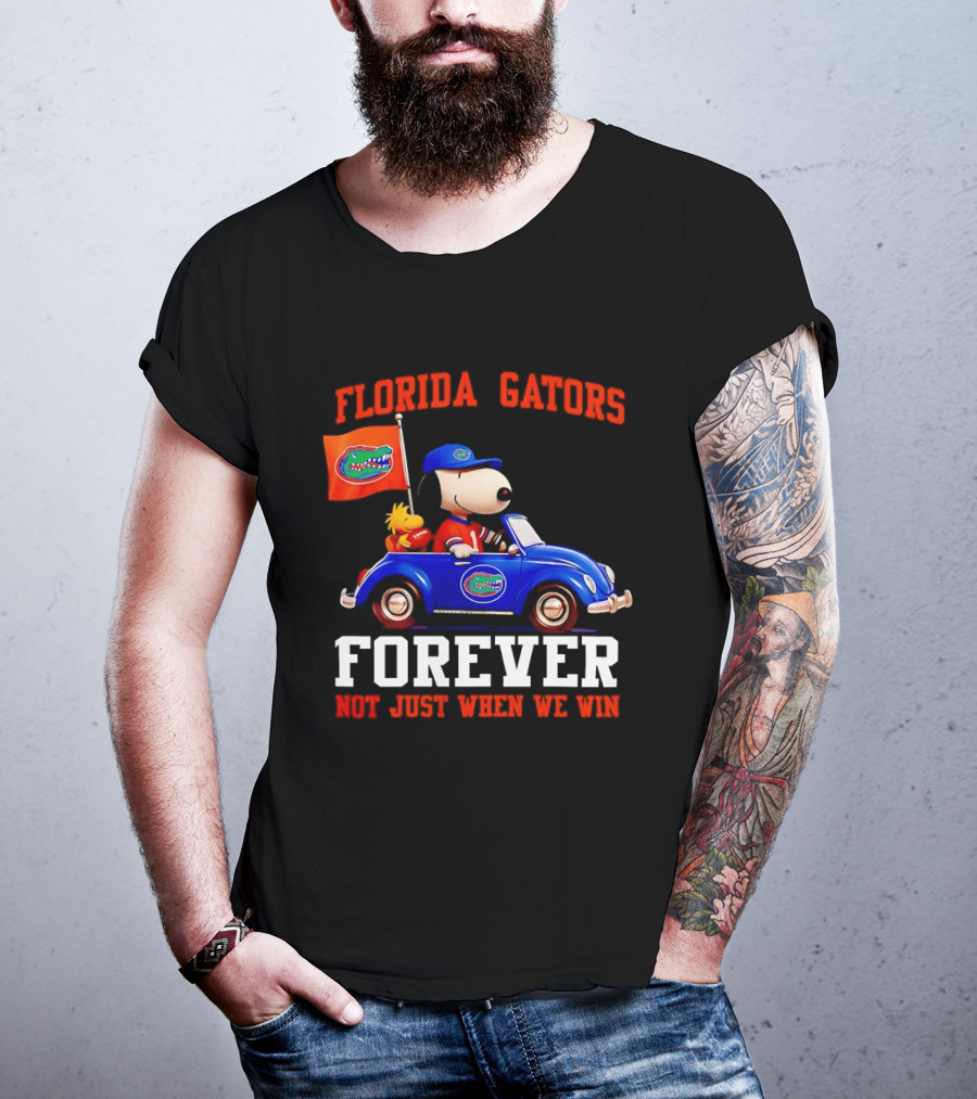 Peanuts Snoopy Woodstock In Blue Car Florida Gators Forever Not Just When We Win T-Shirt
