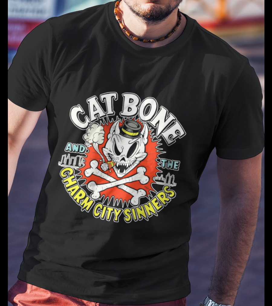 Cat Bone And The Charm City Sinners Smoking Skull And Crossbones Top Hat T-Shirt