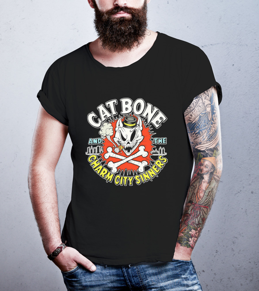 Cat Bone And The Charm City Sinners Smoking Skull And Crossbones Top Hat T-Shirt