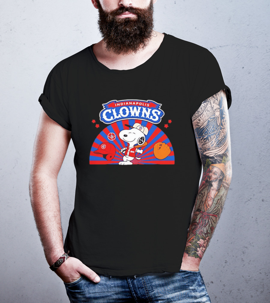Snoopy Indianapolis Clowns Baseball Vintage Style Red Blue Peanuts Comic Strip Baseball Bat Glove Cap T-Shirt