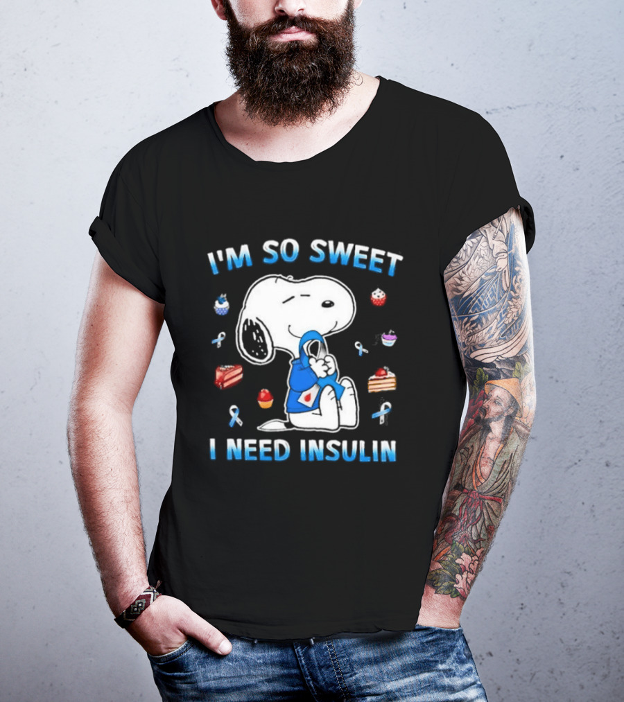 I'm So Sweet I Need Insulin Snoopy Peanuts Diabetes Awareness Blue Ribbon Cupcakes 2026 T-Shirt