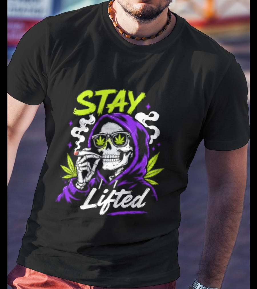 Stay Lifted Skeleton Smoking Weed Vapor Clouds Psychedelic T-Shirt