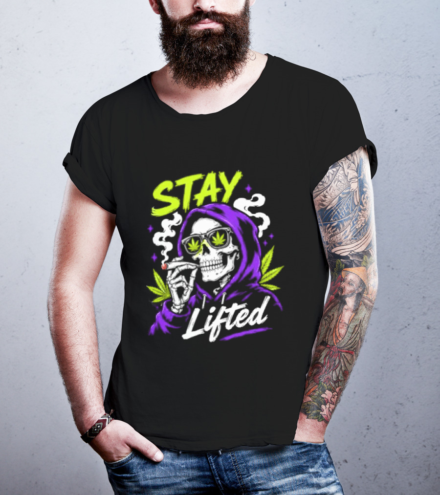 Stay Lifted Skeleton Smoking Weed Vapor Clouds Psychedelic T-Shirt