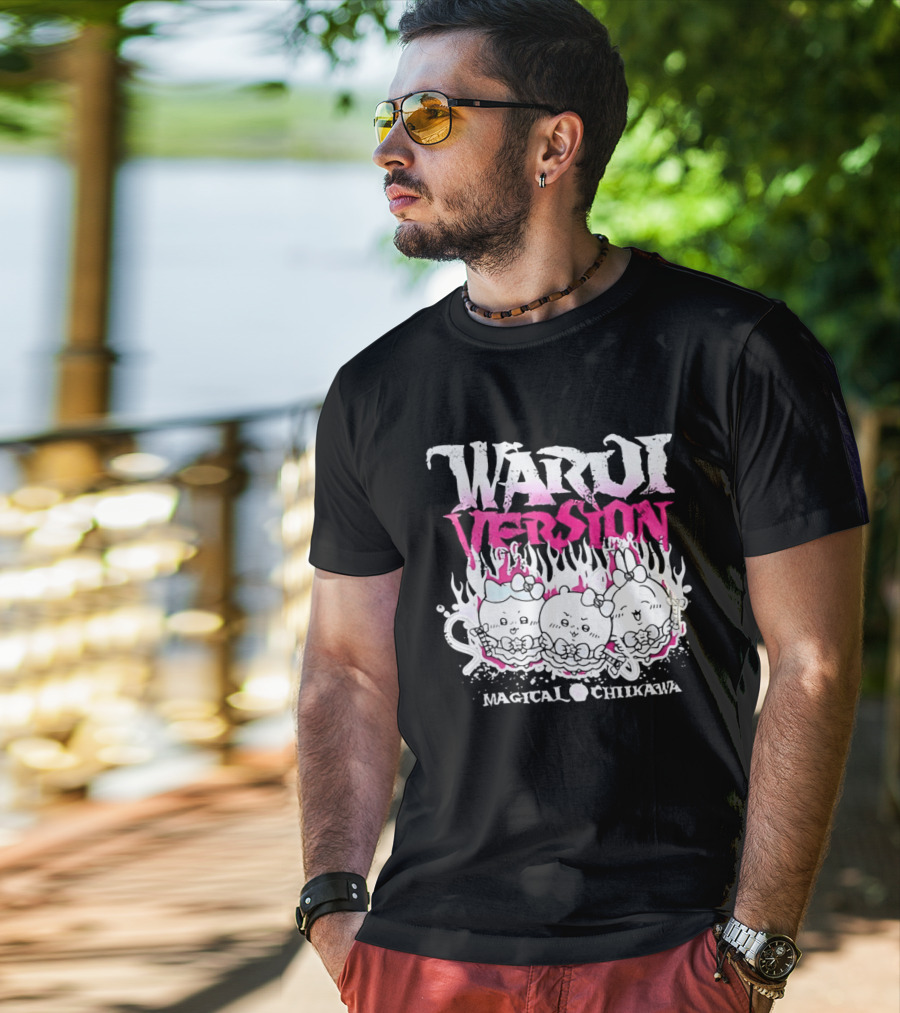 Warui Version Magical Chiikawa Characters In Fiery Pink And White T-Shirt