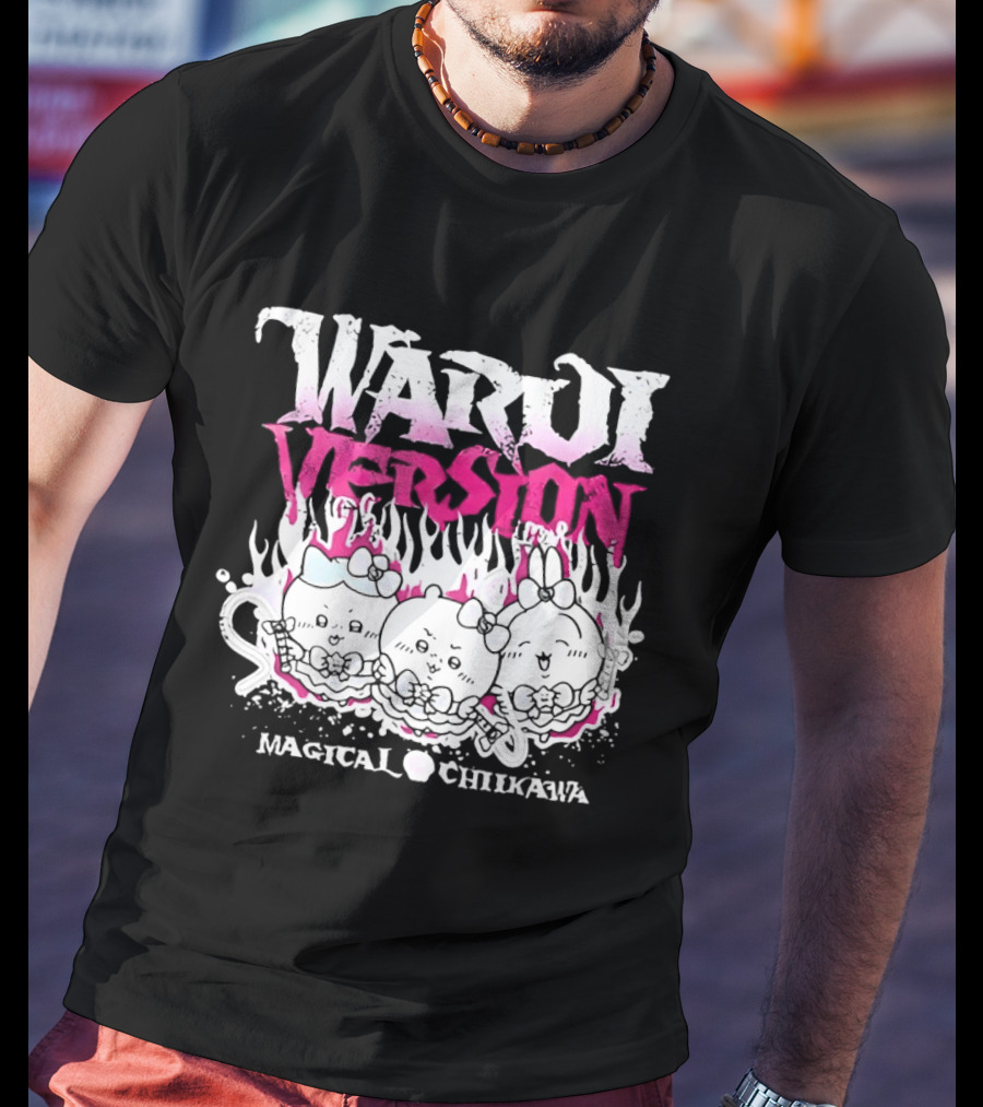 Warui Version Magical Chiikawa Characters In Fiery Pink And White T-Shirt