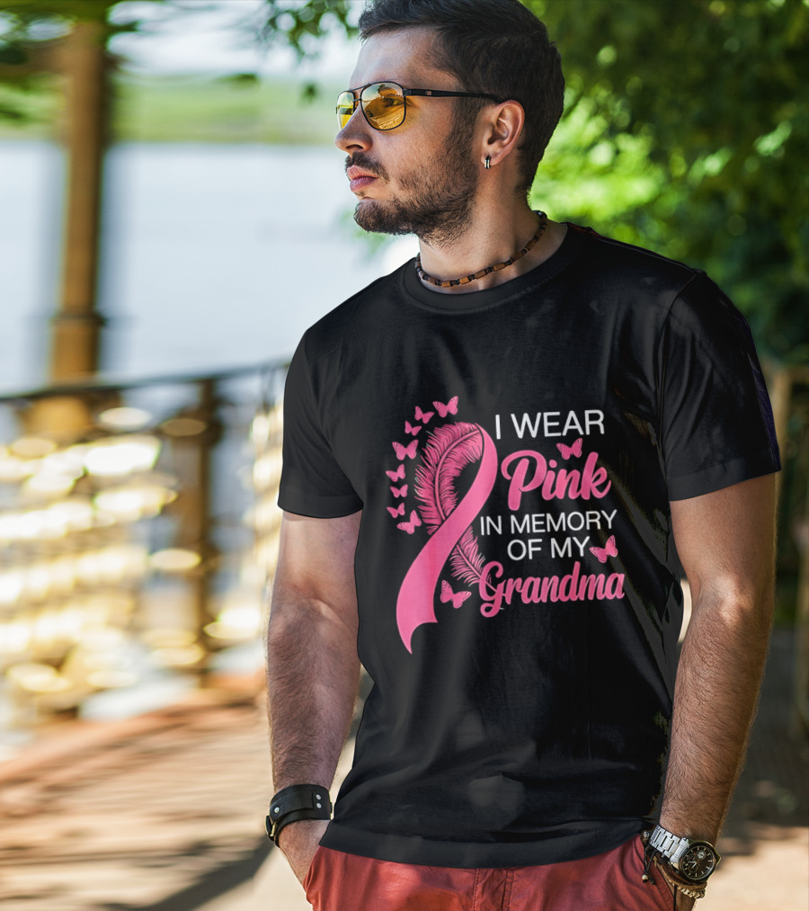 Breast Cancer Awareness I Wear Pink In Memory Of My Grandma Pink Ribbon With Butterflies T-Shirt