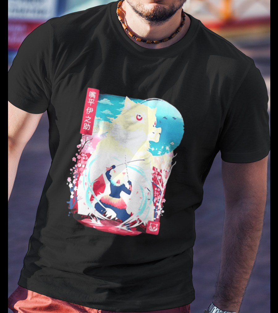 Inosuke Hashibira Boar Head Demon Slayer Anime Cherry Blossom Scene T-Shirt