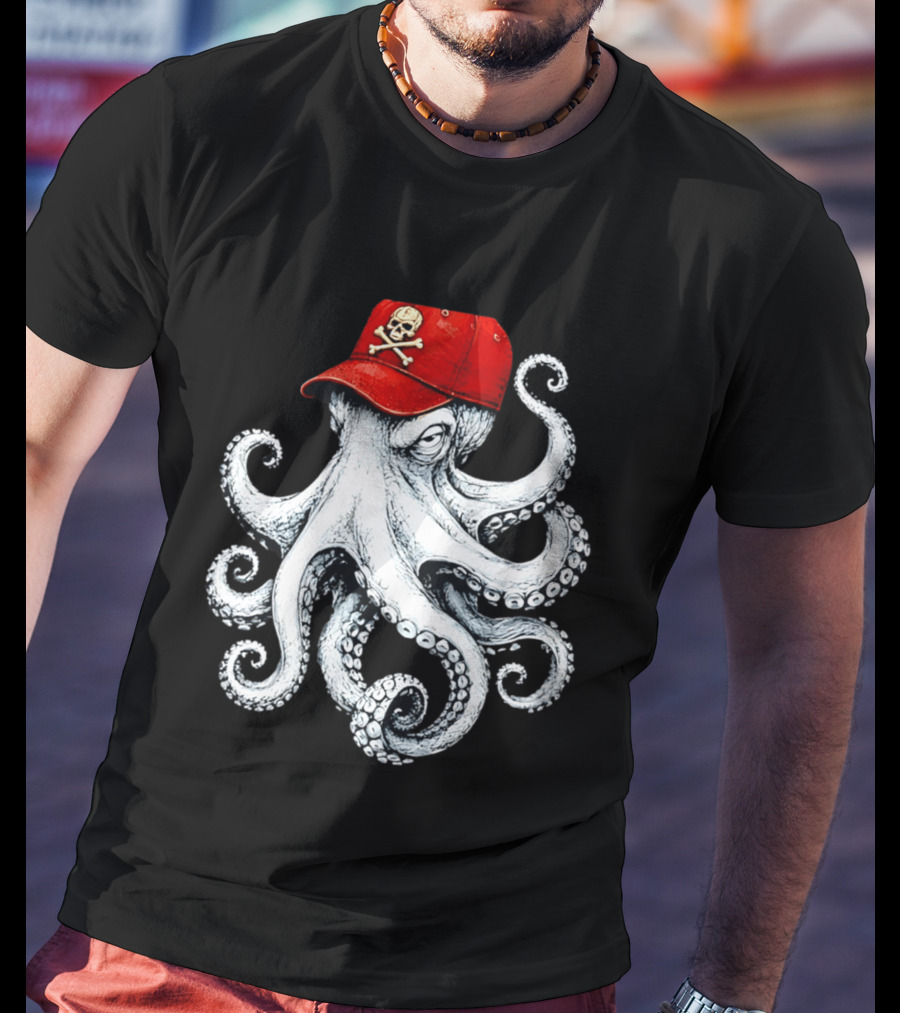 Octopus In Red Cap With Skull And Crossbones T-Shirt