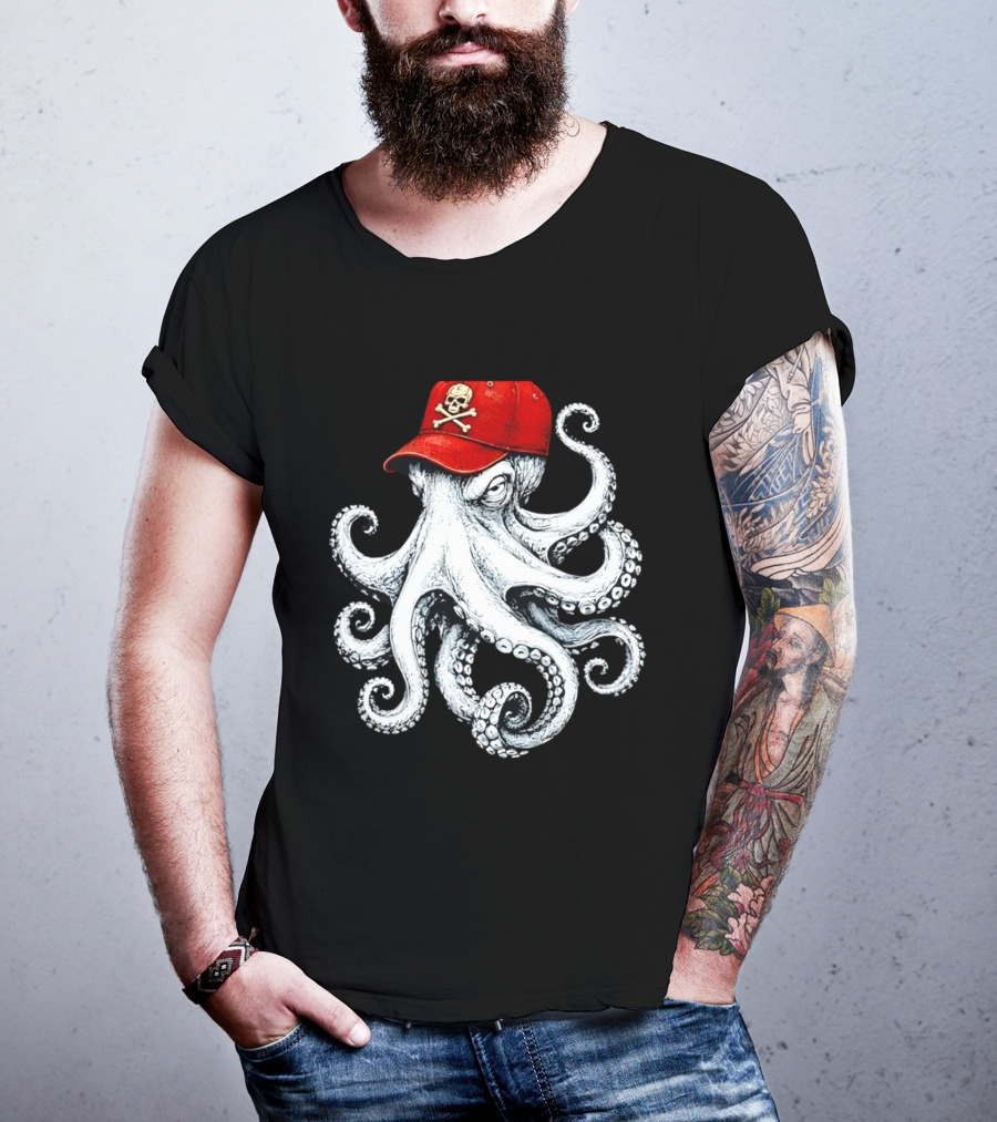 Octopus In Red Cap With Skull And Crossbones T-Shirt