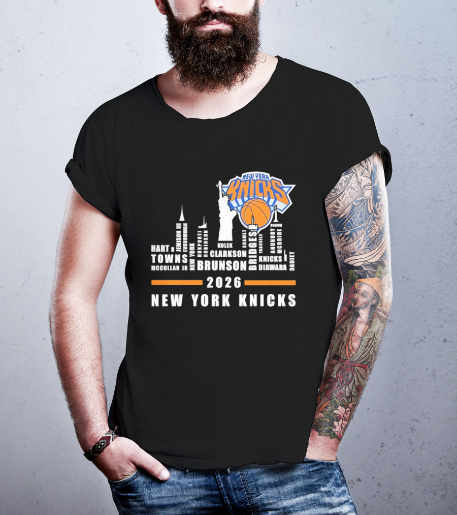 New York Knicks 2026 Jalen Brunson Mikal Bridges NBA Manhattan Skyline T-Shirt