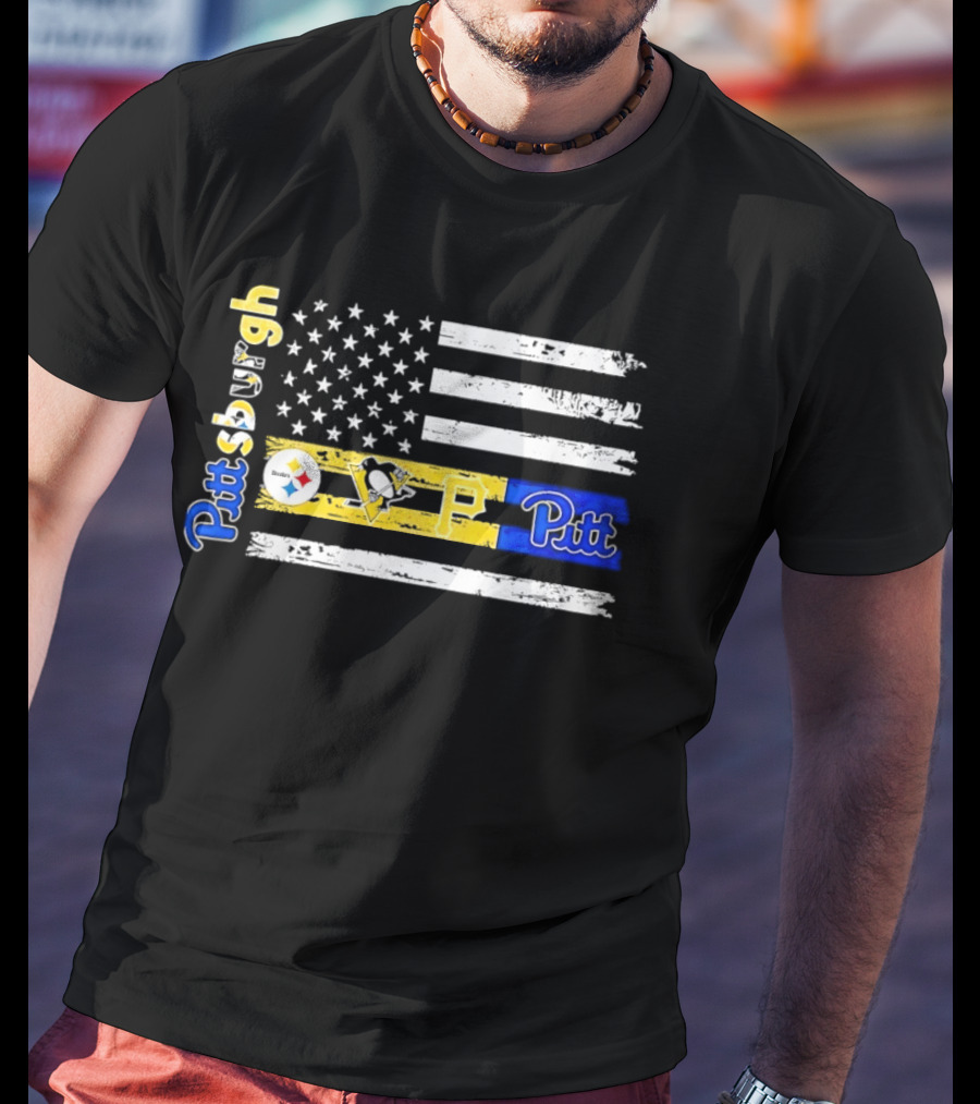 Pittsburgh Steelers Penguins Pirates Pitt American Flag T-Shirt