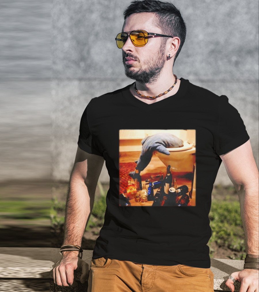 Shark Over Toilet With Alcohol Bottles Party Aftermath T-Shirt