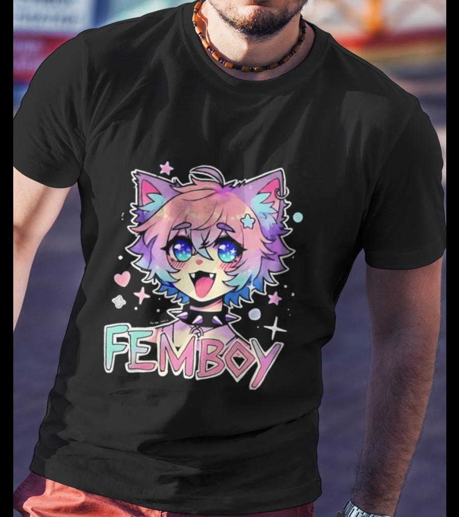 Femboy Catboy Nekomimi Anime Kawaii Pastel Sparkling Spiked Collar T-Shirt