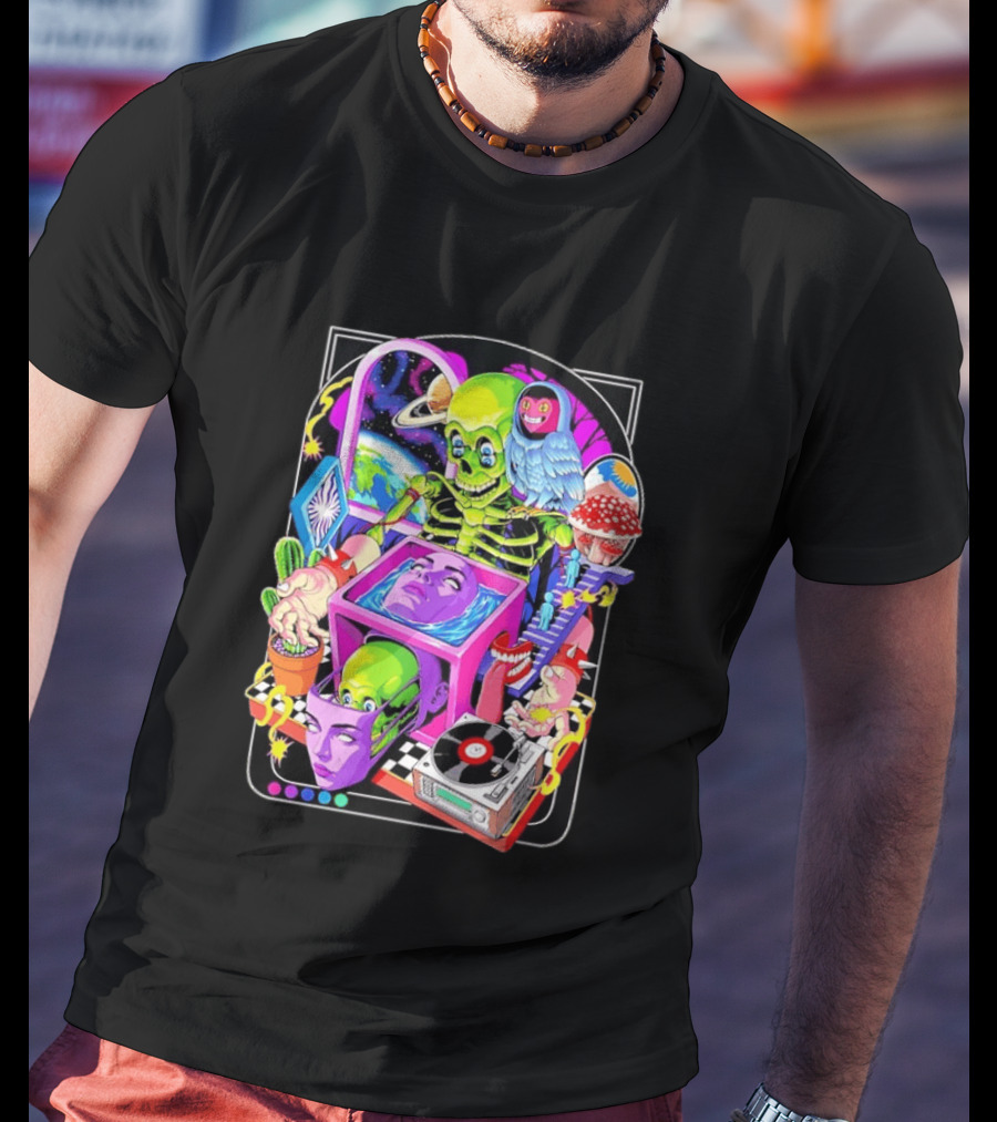 Green Skeleton Psychedelic Owl Surreal Heads Space Earth Trippy Mushrooms Record Player Adventure T-Shirt