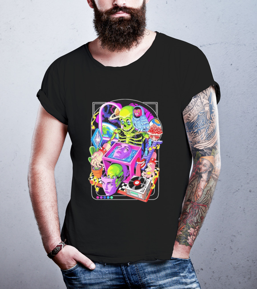 Green Skeleton Psychedelic Owl Surreal Heads Space Earth Trippy Mushrooms Record Player Adventure T-Shirt