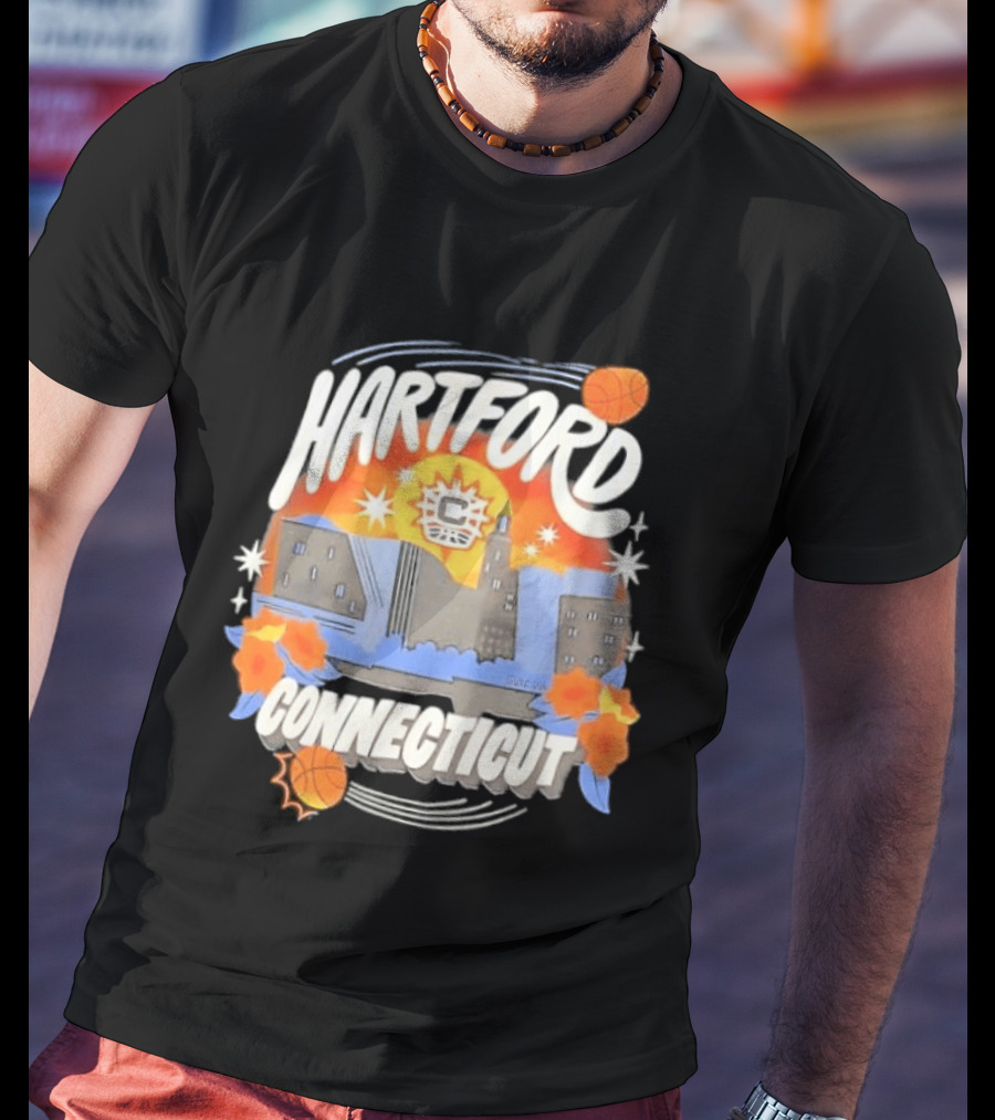 Hartford Connecticut Sun Basketball Skyline With Flowers And Basketballs T-Shirt