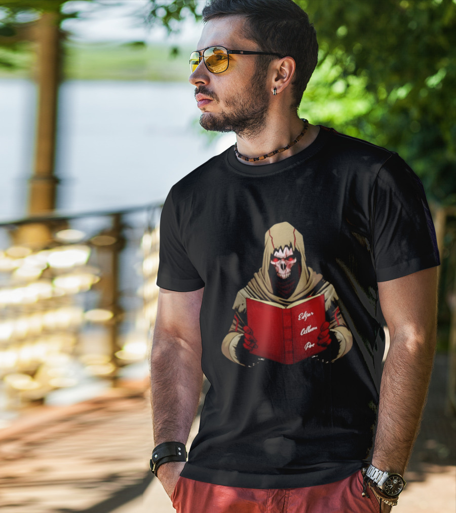 Grim Reaper Hooded Skeleton With Red Eyes Holding Edgar Allan Poe Book T-Shirt