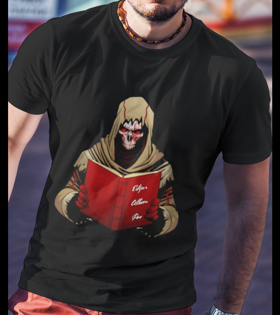 Grim Reaper Hooded Skeleton With Red Eyes Holding Edgar Allan Poe Book T-Shirt